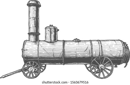 Portable engine. Vintage mobile steam boiler. Vector hand drawn illustration in vintage engraved style. Isolated on white background.