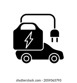 Portable EV charger black glyph icon. Charging station for electromobiles which can be transported. Fueling car in any place. Silhouette symbol on white space. Vector isolated illustration