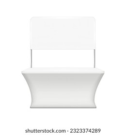 Portable exhibition counter with blank signage board isolated on white background vector mockup. Trade show promotional table display stand with header banner mock-up. Template for design