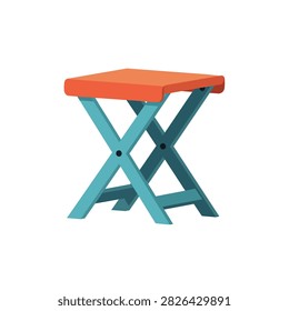 Portable Folding Camping Stool with Orange Top and Blue X-Shaped Metal Legs Isolated on White Background