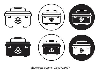 Juego de iconos de la caja de nevera portátil. símbolo vector de nevera portátil mini camping. el refrigerador de picnic firma con un estilo lleno de negro y delineado.