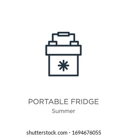 Portable fridge icon. Thin linear portable fridge outline icon isolated on white background from summer collection. Line vector sign, symbol for web and mobile