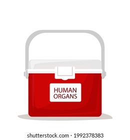 Portable Fridge For Transporting Donor Humans Organs. Red Cooler Shipping Box. Human Organ For Transplant And Healthcare Concept. Flat Vector Illustration For Design Of Banners, Posters, Cards, Flyers