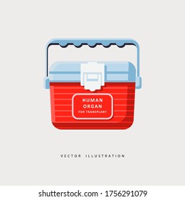 Portable Fridge For Transporting Donor Organs. Red Cooler Shipping Box Icon. Human Organ For Transplant And Healthcare Concept. Flat Vector Illustration For Design Of Banners, Posters, Cards, Flyers.