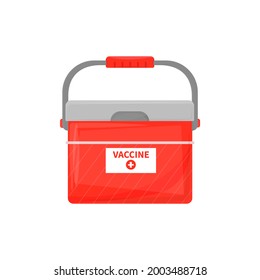 Portable fridge for transporting vaccine. Medical bag refrigerator with prophylactic drug. Preservation of temperature regime of components during vaccination. Vector illustration, flat