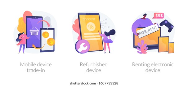 Portable gadget maintenance, repair service, old smartphone exchange. Mobile device trade-in, refurbished device, renting electronic device metaphors. Vector isolated concept metaphor illustrations.