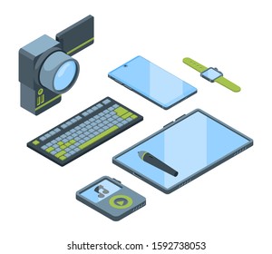 Portable gadgets isometric 3D vector illustrations set. Collection of electronic devices isolated cliparts pack. Smartphone, smartwatch, digital tablet. Computer keypad, video camera, music player