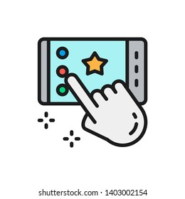 Portable game on smartphone, app flat color line icon.