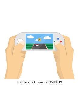 Portable game pad in hands gamer. Vector illustration
