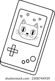 Portable game player. Old portable console games. Retro gaming gadget of the 90s. portable classic console game panel with a flat vector illustration design with the image of a cat on the screen.