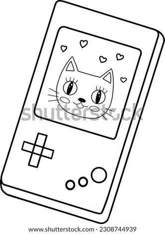 Portable game player. Old portable console games. Retro gaming gadget of the 90s. portable classic console game panel with a flat vector illustration design with the image of a cat on the screen.