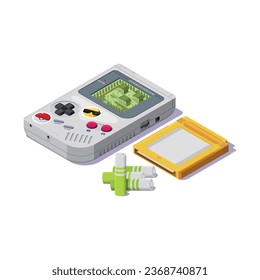 Portable game player. Retro games gadget of the 90s. Isometric vector illustration