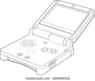 a portable gaming console in a linear style. black and white sketch of the console