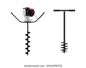 Tragbare Gartenbohrmaschine für landwirtschaftliche Grundloch elektrische und mechanische Bohrmaschine realistische Vektorgrafik. Industriemaschinen für Erdbohrungen mit Metallgedrehten Werkzeugschnecken mit Griffen