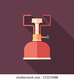 Portable gas burner flat square icon with long shadows.