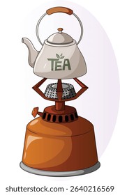 Portable Gas Cylinder Stove with Tea Kettle on Top. Outdoor Gas Burner for Hiking and Travel Isolated Graphic