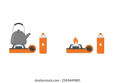 Portable gas stove, gas cylinder, and kettle vector illustration