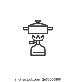 Portable gas stove with pan line icon. linear style sign for mobile concept and web design. Camp stove outline vector icon. Symbol, logo illustration. Vector graphics