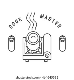 portable gas stove, thin line style logo with "cook master" lettering, isolated vector illustration icon on white background.