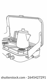 Portable gas stove travel kettle drawing line art. Black and white kitchen sketch