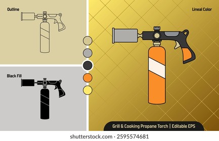 Portable Gas Torch. Powerful Grill and Cooking Propane Torch. Campfire Starter, Wood Burner for Searing Steak, BBQ, and Welding. Vector illustration icons, in lineal color, outline, and black fill.