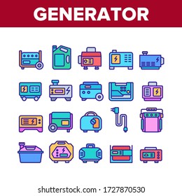 Portable Generator Collection Icons Set Vector. Generator Equipment For Generating Electricity, Fuel Bottle Package And Electrical Cord Concept Linear Pictograms. Color Illustrations