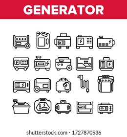 Portable Generator Collection Icons Set Vector. Generator Equipment For Generating Electricity, Fuel Bottle Package And Electrical Cord Concept Linear Pictograms. Monochrome Contour Illustrations