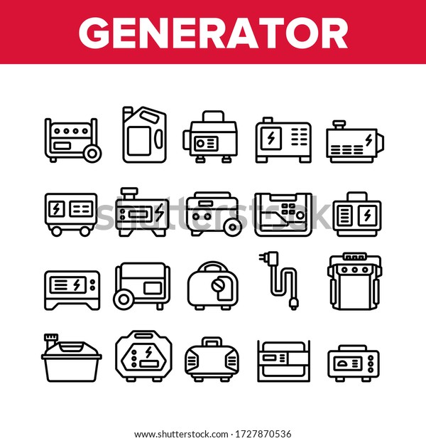 Portable Generator Collection Icons Set\
Vector. Generator Equipment For Generating Electricity, Fuel Bottle\
Package And Electrical Cord Concept Linear Pictograms. Monochrome\
Contour Illustrations