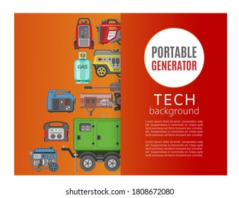 Generador portátil, grabado de banner de fondo tecnológico, fuente de voltaje, electricidad de fuente industrial, ilustración de vector de dibujos animados. Equipo eléctrico, motor eléctrico de gasolina y gas, dispositivo diésel.