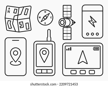 portable gps navigation system compass battery line icon set vector flat illustration