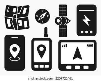 portable gps navigation system compass battery shape icon set vector flat illustration