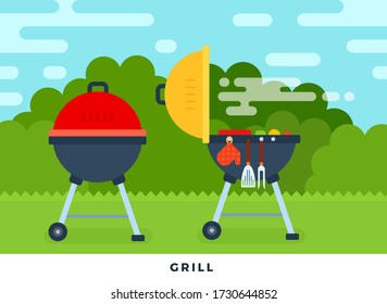 Portable grill in the backyard vector illustration in a flat design.