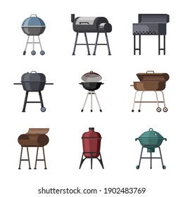 Portable grills set. Metal cooking equipment for frying meat and vegetables round square geometric barbeque shapes propane and charcoal picnic outdoor family fun. Vector cartoon chef.