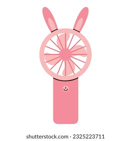 Portable handheld electric fan. Cooling hand fan with cute rabbit ears. Portable equipment for summer travel in the heat. Vector illustration in cartoon style. Isolated white background.