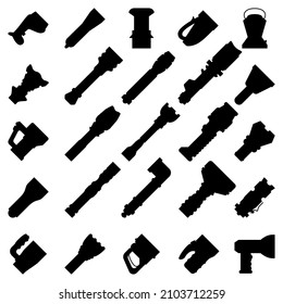 Portable handheld flashlight for night lighting. Flashlight for police, tourist, car driver, traveler, camping. Search in the dark. Set of vector icons, silhouette, isolated