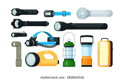 Portable hand-held, pocket and head electric flashlight set. Luminous light lamp tool, night searching bulb equipment, camping torch and handy lantern vector illustration isolated on white background