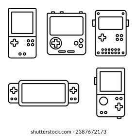 Portable handheld retro gaming console. Outline icons set. Vector illustration. Object isolated on white background.