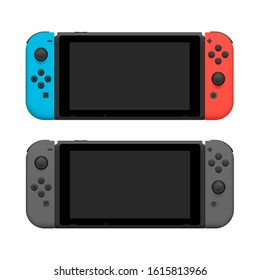 Portable handheld video game console pair blue red grey realistic detailed isolated vector eps 10