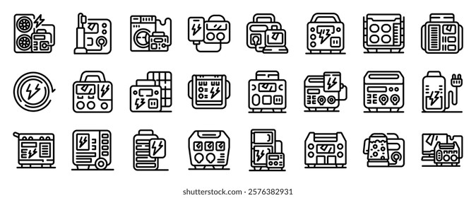  Portable home battery icons set. Portable power generators providing backup electricity during outages, powering devices, and supporting outdoor activities