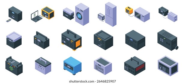 Conjunto de ícones de bateria portátil. Centrais elétricas portáteis alimentando diversos dispositivos, oferecendo uma solução confiável de energia de backup para eletrônicos, aparelhos e atividades ao ar livre