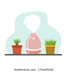 A portable humidifier air diffuser and home plants. Vector illustration.