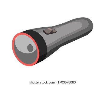 Portable hunter flashlight with power button and bulb. Pocket torch for lighting with spotlight or flash. Ammunition tool for illumination. Object isolated on white background. Seasonal hunting