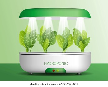 Portable hydroponic aeroponic system for eco-friendly growing of green lettuce, vegetables and herbs. With automatic watering system and phyto lighting