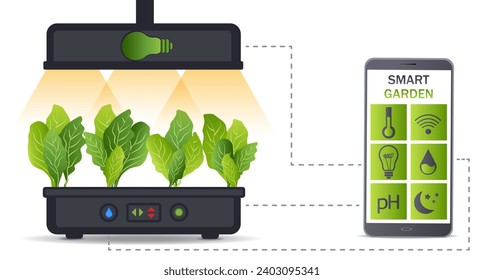 Portable hydroponic aeroponic system for eco-friendly growing of green lettuce, vegetables and herbs. With automatic smart watering system and lighting. Remote control from smartphone. Organic garden