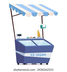 Kiosco De Helados Portátil Con Colorida Tienda, Sirve Deliciosas Golosinas Congeladas, Creando Una Atmósfera Deliciosa Y Acogedora Para Darse El Gusto De Sabores Dulces Y Refrescantes. Ilustración vectorial de dibujos animados