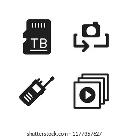 portable icon. 4 portable vector icons set. sd card, walkie talkie and play files icons for web and design about portable theme