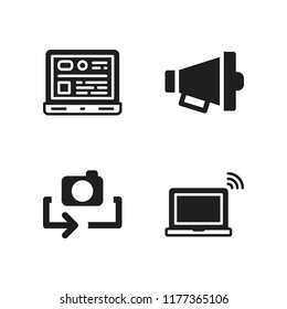 portable icon. 4 portable vector icons set. megaphone, flip camera and laptop icons for web and design about portable theme