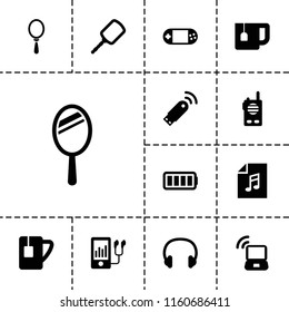 Portable icon. collection of 13 portable filled icons such as mirror, mp3 player, tea cup, headset, ful battery, walkie talkie. editable portable icons for web and mobile.