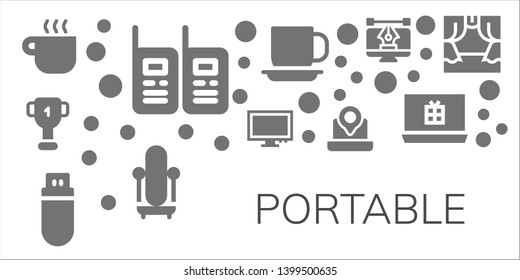 portable icon set. 11 filled portable icons.  Collection Of - Coffee cup, Walkie talkies, Cup, Monitor, Pendrive, Laptop, Mirror, Computer, Scene