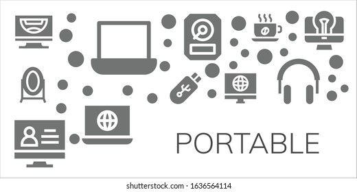 portable icon set. 11 filled portable icons.  Simple modern icons such as: Computer, Laptop, Mirror, Pendrive, Monitor, Hdd, Cup, Headphones
